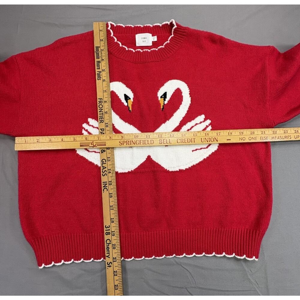 Luna Ivy Red Swan Knit Crop 'ish' Sweater Scalloped Trim Women Size Medium - Picture 3 of 8